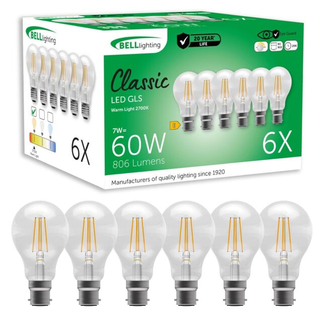 BELL Lighting B22 LED Filament GLS 7W Energy Saving Light Bulb Bulb White Warm White - 2700K 6