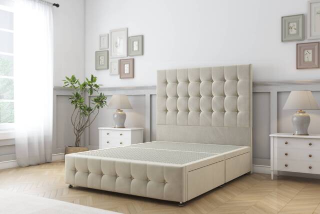 Sloomy Berlin Cream Plush Divan Bed Base 4 Drawers With 54 Inch Floor Standing Headboard & 12 Inch Matching Footboard Cream Cream Small Double 1