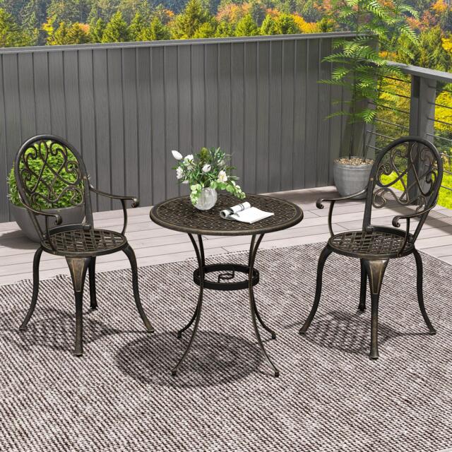 Outsunny 3 Piece Patio Bistro Set for 2, Outdoor Aluminium Garden Table and Chairs with Adjustable Footpads for Balcony, Garden and Patio, Bronze Tone