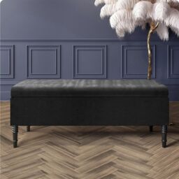 137cm Paris Plain Ottoman Storage Bench -Naples Shoes Bench with Black Turned Wooden Legs - Black Upholstery Storage Footstool