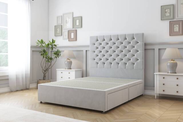 Sloomy Mayfair Silver Plush Divan Bed Base 2 Drawers Same Side With 26 Inch Strutted Headboard Silver Silver Super King 1