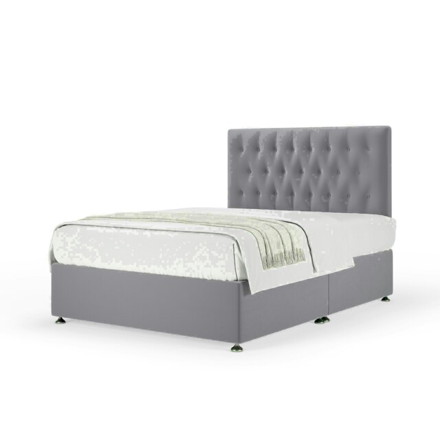 Silver Plush Velvet No Drawer Divan Base and Lona Headboard Small Double