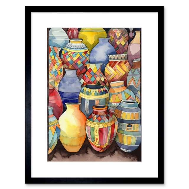 "Glazed Ceramic Pot Vases Folk Art 9x7"" Black Framed Wall Art Print"
