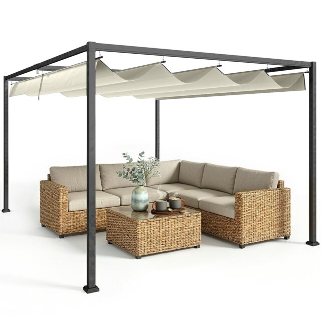 Outsunny 4x3m Metal Pergola Gazebo Patio Sunshelter Retractable Canopy Cream Cream