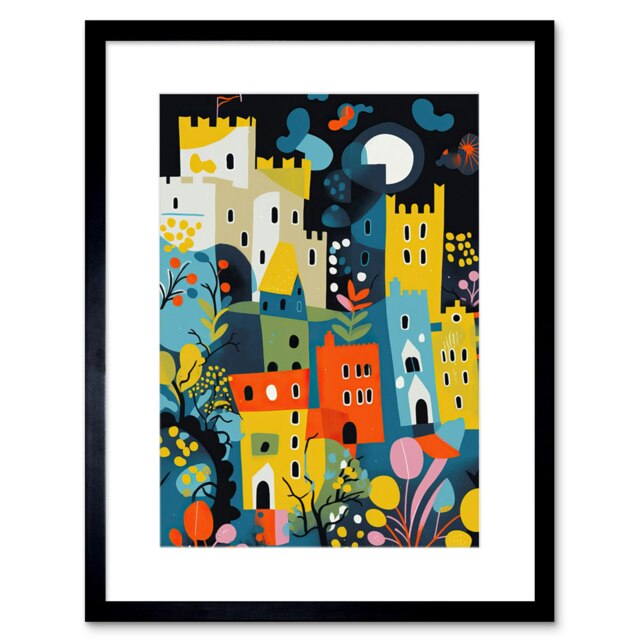 "Nottingham at Night Abstract Folk Art Cityscape 9x7"" Black Framed Wall Art Print"