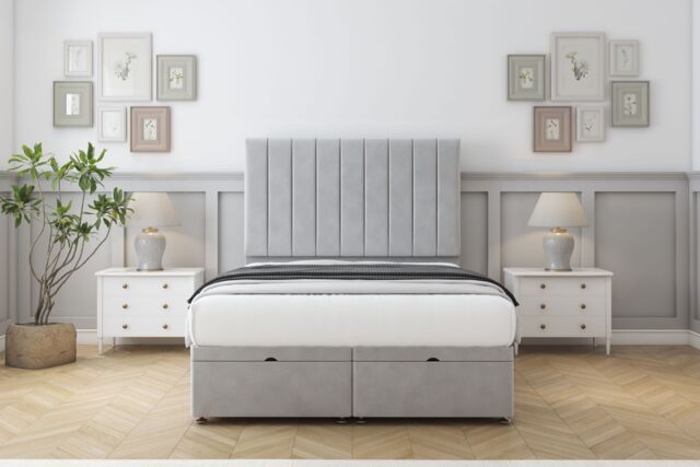 "Sloomy Kansas Silver Plush Ottoman Bed Base With 26"" Strutted Headboard 5' King Silver Silver King 1"