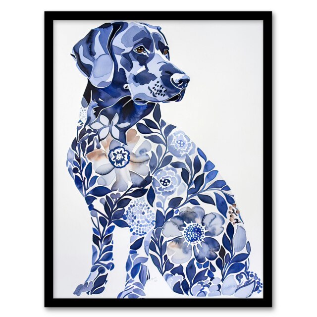 Elegant Labrador Flower Pattern Fur Dog Lover Black Framed Wall Art Print A4