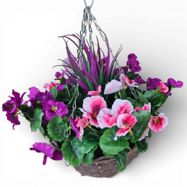 Best Artificial Pink & Purple Pansy Flower with Woven Decorative Hanging Basket for Indoor or Outdoor Use Pink Pink & Purple 1