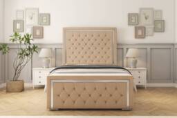 "Sloomy Sofia Chrome Pebble Plush Bed Frame With 50"" Upholstered Headboard 4' Small Double"