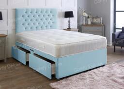 6ft Superking Sky Blue Plush Velvet Divan Bed With Headboard & Memory Sprung Mattress 2 Drawers Same Side