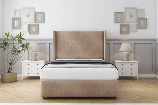 "Sloomy Stratford Mink Naples Divan Bed With Mattress 2 Drawers Footend With 54"" Wingback Headboard & 12"" Matching Footboard 5' King Brown Mink King 1"