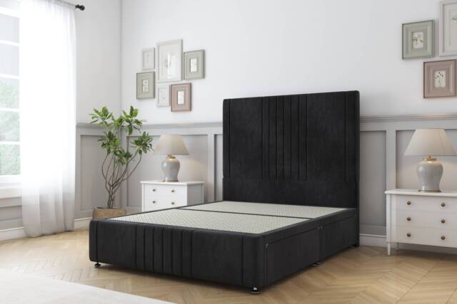 Sloomy Harrington Black Naples Divan Bed Base 2 Drawers Left Side With 26 Inch Strutted Headboard & 12 Inch Matching Footboard Black Black King 1