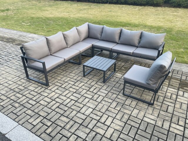 Fimous 8 Seater Patio Outdoor Garden Furniture Aluminium Lounge Corner Sofa Set with Square Coffee Table Dark Grey