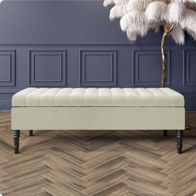 Safar 137cm Ottoman Storage Bench - Naples Shoe Bench - Cream Lined Upholstery Storage Footstool