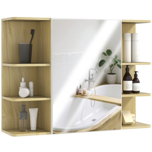 HOMCOM Bathroom Mirror Cabinet Wall Mounted, Modern Bathroom Cabinet with Mirror and Open Storage Shelves, 80 x 20 x 59 cm, Natural Wood Finish Brown Natural wood finish