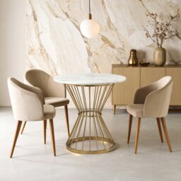 Orsina Unique Hourglass Dining Table with White Marble and Gold Base, Lounge Table, Modern Garden or Kitchen Table