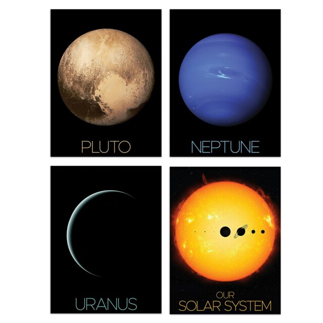 Set of 4 NASA Solar System Planets Uranus Neptune Pluto Voyager 2 New Horizons Wall Art Prints 12X16 Inch