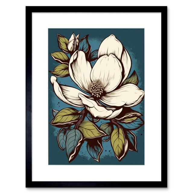 "Magnolia Flower Old School USA Tattoo Ink Rockabilly 50s 9x7"" Black Framed Wall Art Print"