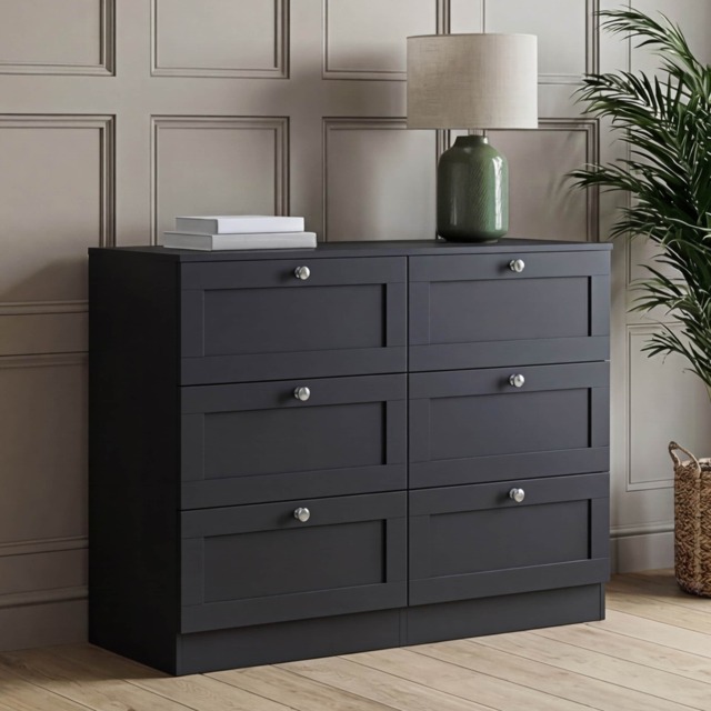 Vida Designs Altino Black 6 Drawer Chest Storage Cabinet - H: 76.5cm x W: 100cm x D: 36cm