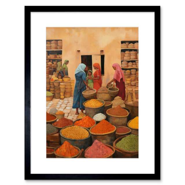 "Traditional Rural Indian Food Market Watercolour 9x7"" Black Framed Wall Art Print"