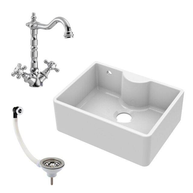 Fireclay 595mm Single Bowl Butler Kitchen Sink with Tap Ledge, Overflow, Classic Kitchen Mixer Tap and Waste Bundle by Balterley