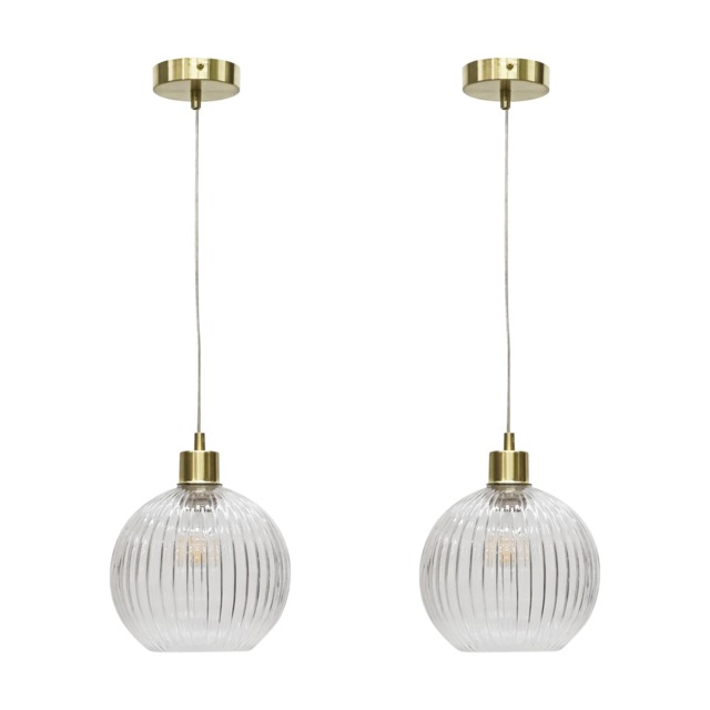 Set of 2 Betchley - Clear Ribbed Glass Globe with Satin Brass Pendants Clear Clear ribbed glass with satin brass plate detail Small 2