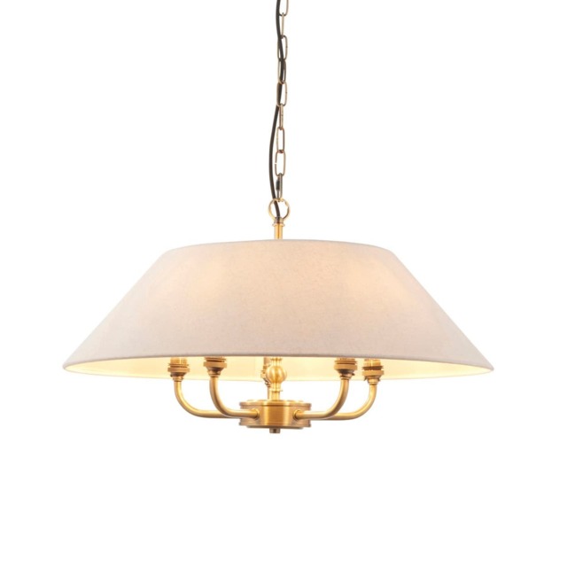 Lille Multi Arm Pendant Ceiling Light Antique Brass Plate & Natural Faux Linen 5x B22
