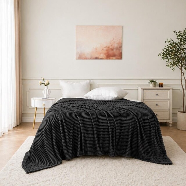 Luxury Supersoft Close Ribbed Fleece Throw Blanket for Bed & Sofa – 200 x 240cm Multi Charcoal