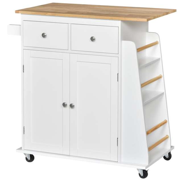 Kitchen Island Storage Cabinet Rolling Trolley with Wood Top, 3-Tier Spice Rack White