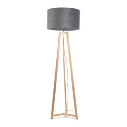 ValueLights Lottie Natural Wood Tripod Floor Lamp Grey Velvet Shade