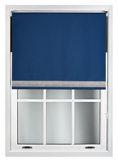 FURNISHED Thermal Blackout Roller Blinds with Diamante Edge Made to Measure Window Shade Blue Navy (W) 180cm x (L) 210cm