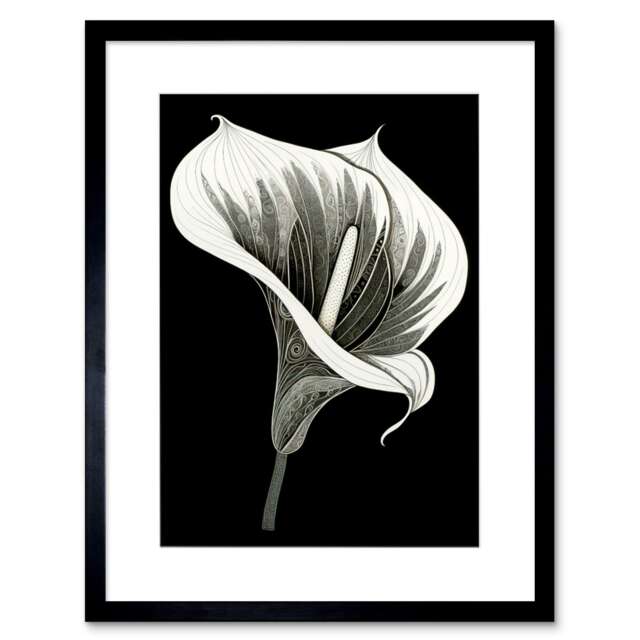 "Batik Style Black White Calla Lily Flower 9x7"" Black Framed Wall Art Print"