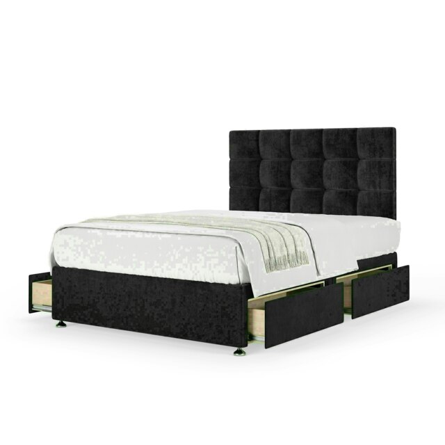 Black Naples Velvet 4 Drawer Divan Base and Pearl Headboard Double