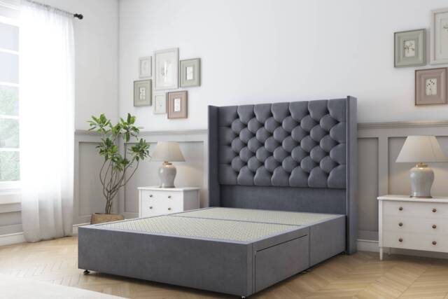 Sloomy Dior Steel Plush Divan Bed Base No Drawers With 54 Inch Wingback Headboard Grey Steel Single 1