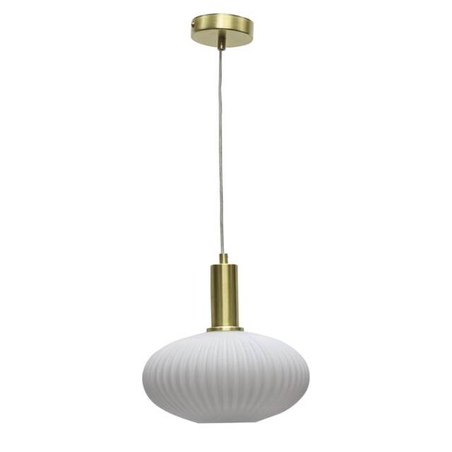 Baton - White Ribbed Oval Glass Satin Brass Deco Pendant Fitting