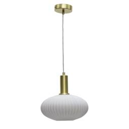 Baton - White Ribbed Oval Glass Satin Brass Deco Pendant Fitting