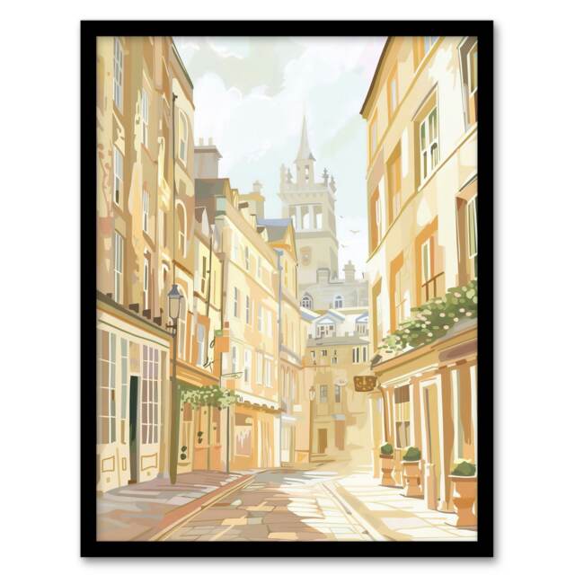 Bath England Sunny Day Street View Cityscape Black Framed Wall Art Print A4