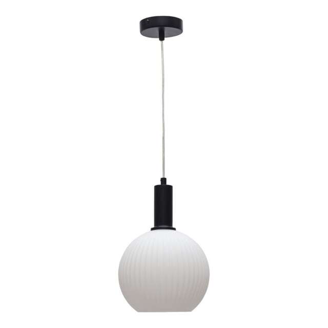 Betchley - White Ribbed Glass Globe Black Deco Pendant Fitting