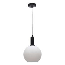 Betchley - White Ribbed Glass Globe Black Deco Pendant Fitting