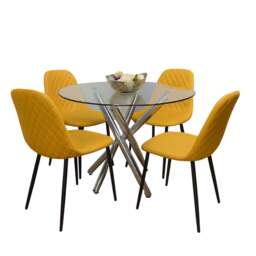 Round Clear Glass Dining Table with Chrome Metal Legs and 4 Mustard Leather Padded Chairs, Modern Dining Set