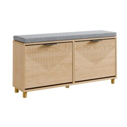 SoBuy Light Oak Shoe Bench with 2 Doors & Hidden Storage, Gray Seat, 39.3x9.4x19.6 in, 16 kg - FSR211-N