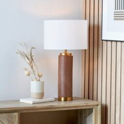Cylinder Wood Effect Ceramic Tall Table Lamp with Shade Brown Brown 1