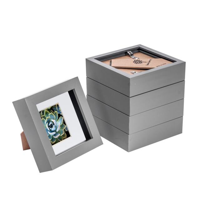 "Nicola Spring 4 x 4"" Photo Frames - Grey/White Mount - 3D Picture Frame Box Portrait Display Case (12.5 x 12.5cm) Set of 5"