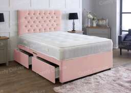 2ft6 Small Single Pink Plush Velvet Divan Bed With Headboard & Memory Sprung Mattress 2 Drawers Same Side