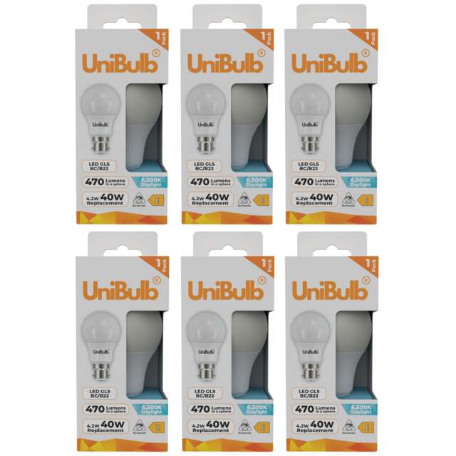 UniBulb LED GLS B22 Bayonet Cap (BC) 470lm 4.2W (Replaces 40W) 6500K (Daylight) Light Bulb - Pack of 6