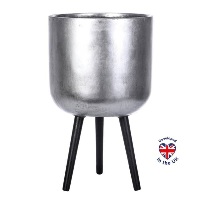 Concrete Effect Silver Round Planter on Legs, Round Pot Plant Stand Indoor D37 H61 cm, 32L ltrs Cap.