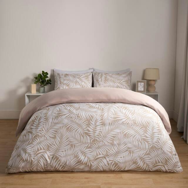 OHS Tropical Leaf Print Reversible Plain Duvet Quilt Cover Bedding Set, King - Natural/White