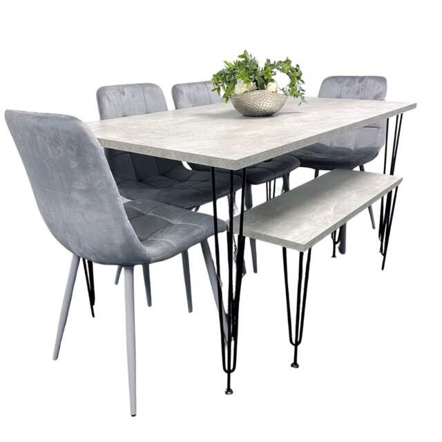 Grey Dining Table with Hairpin Legs, Bench & 4 Grey Velvet Chairs Set for Kitchen & Dining Room