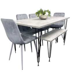 Grey Dining Table with Hairpin Legs, Bench & 4 Grey Velvet Chairs Set for Kitchen & Dining Room