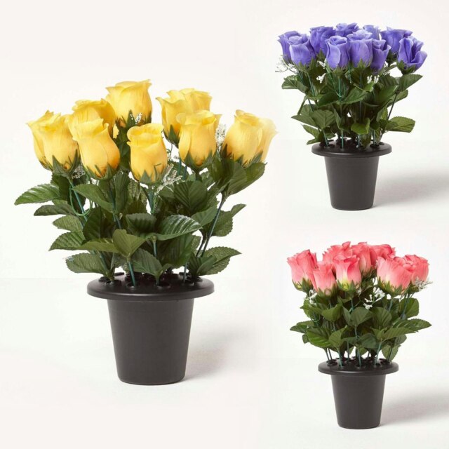 Homescapes Set of 3 Artificial Rosebuds with Gypsohila in Grave Vase